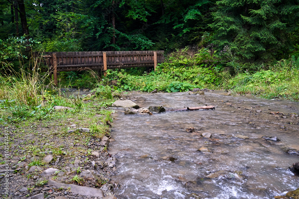 wooden bridge on a hiking trail over a stream in the Beskidy Mountains wooden bridge on a hiking trail over a stream in the Beskidy Mountains