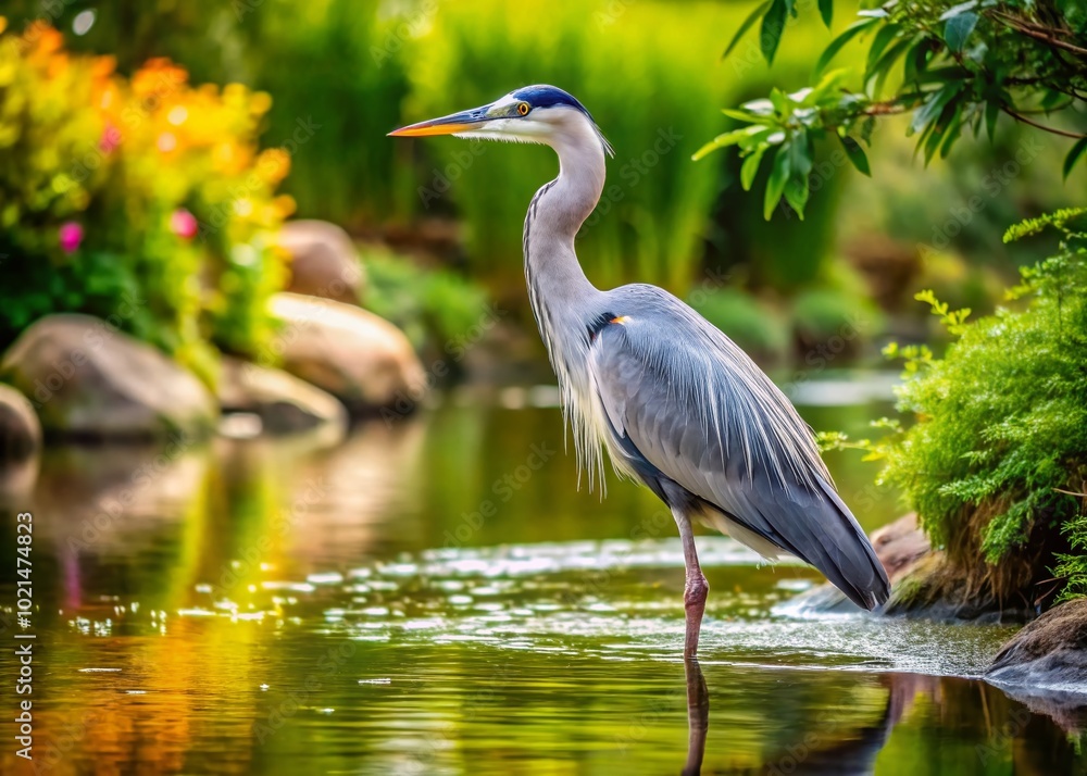 Fototapeta premium Majestic Heron Crane Bird Standing Gracefully by the Water's Edge in a Tranquil Natural Setting