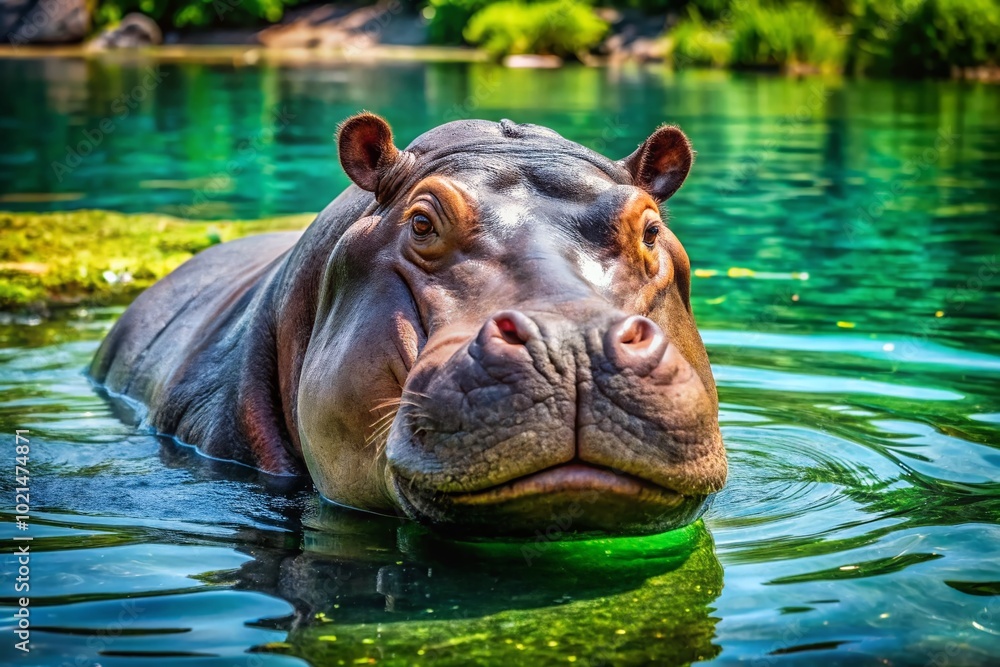 Fototapeta premium Majestic hippo lounging in serene waters, showcasing its massive size and unique features in nature