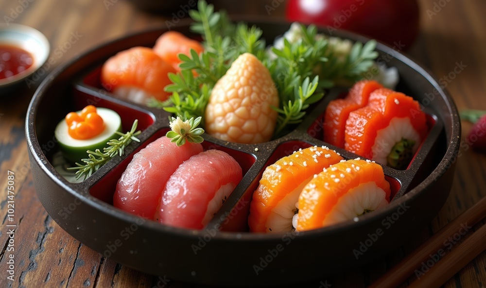 Delight in the vibrant assortment of sushi, elegantly arranged in a traditional black plate, perfect for culinary, dining, and cultural presentations. Delight in the vibrant assortment of sushi, elegantly arranged in a traditional black plate, perfect for culinary, dining, and cultural presentations.