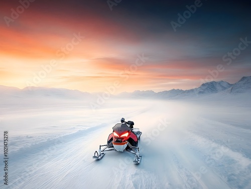 High Performance Snowmobile Speeding Across Vast Expanse of Snow in Desolate Arctic Tundra Bold and Dynamic Form with Durable Cutting Edge Engineering for Extreme Terrain and Conditions photo