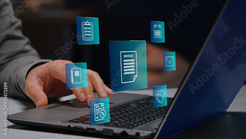 E-invoice and online digital statements concept, invoice document on virtual screen.