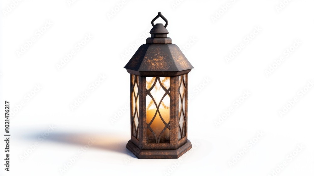 Rustic garden lantern with a lit candle on a white background. Generative AI Rustic garden lantern with a lit candle on a white background. Generative AI