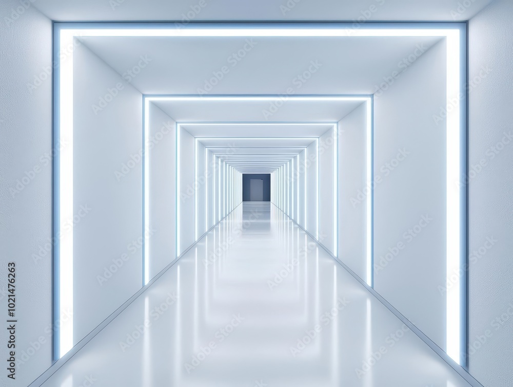Obraz premium Render of a hallway with wall-integrated lights and motion sensors for energy efficiency, hallway lighting, modern home