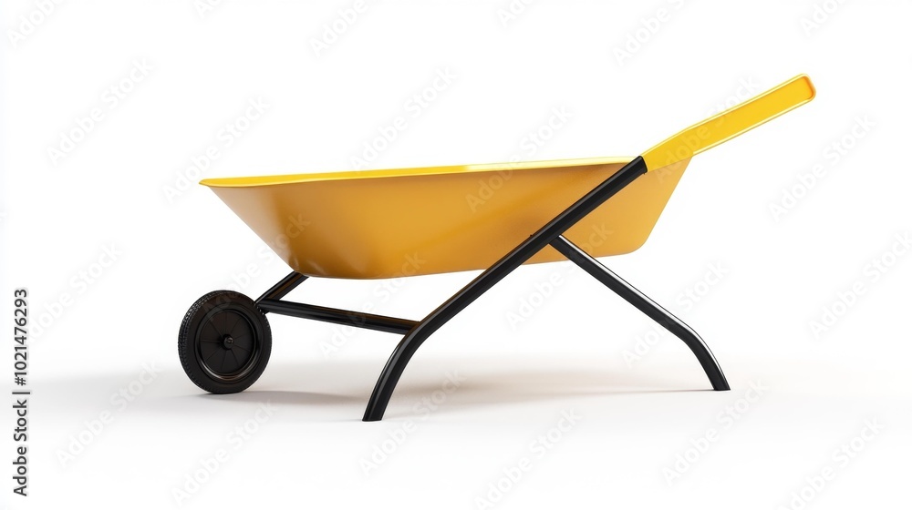 Yellow wheelbarrow with a single wheel on a white background in a realistic image. Generative AI Yellow wheelbarrow with a single wheel on a white background in a realistic image. Generative AI