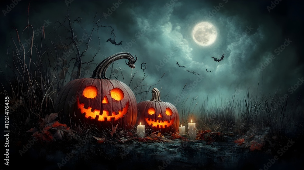 Fototapeta premium Spooky carved pumpkins and eerie glowing jack o lanterns with twisted grinning faces flickering candlelight