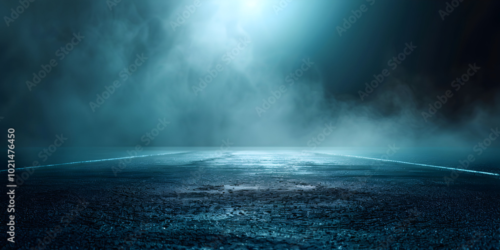 Fototapeta premium Empty asphalt road in a foggy city at night Abstract dark smoky background. night scene, dark smoky background, misty air,