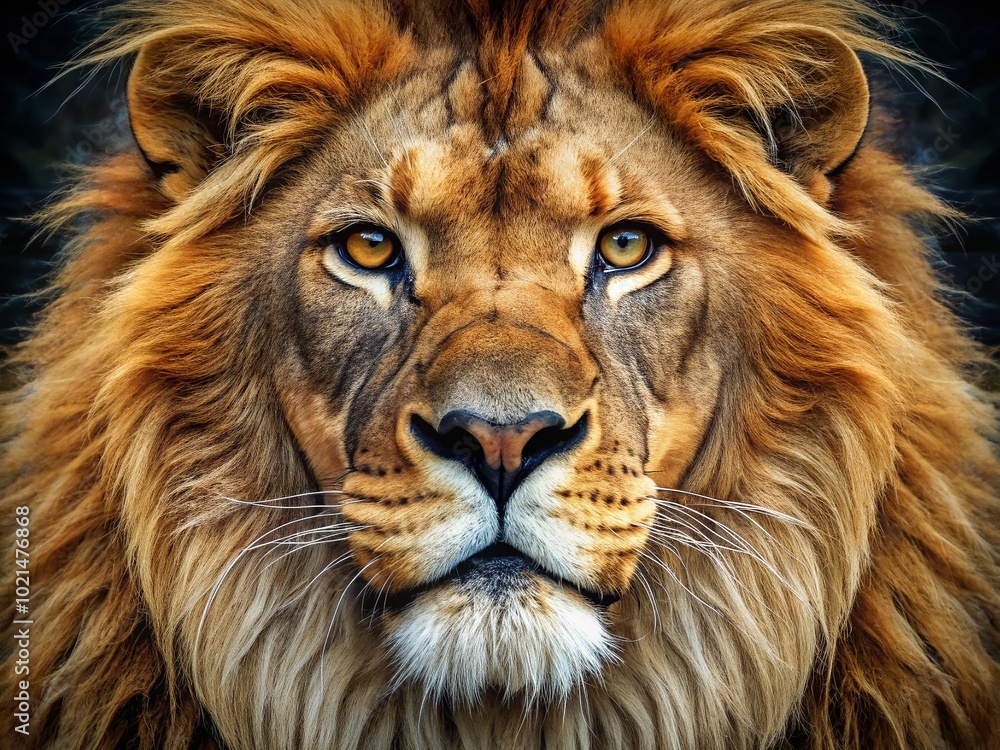 Fototapeta premium Majestic Lion Face with Unique Rickets Characteristics Showcasing Nature's Raw Beauty and Strength