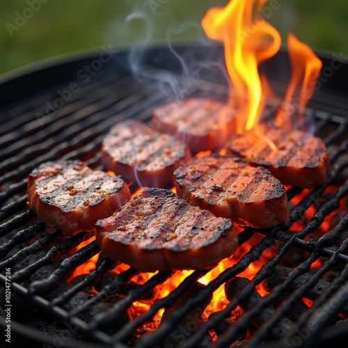 Succulent grilled steaks on a barbecue, surrounded by flames and smoke. Perfect for showcasing outdoor cooking, summer barbecues, or food related content. photo