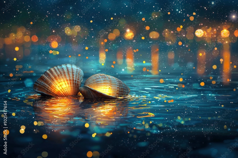 Fototapeta premium Two Luminous Seashells Floating on a Dark Water Surface with Golden Bokeh Lights in the Background