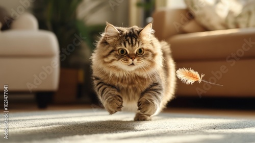 Playful Cat Chasing a Feather Toy in Bright Room photo