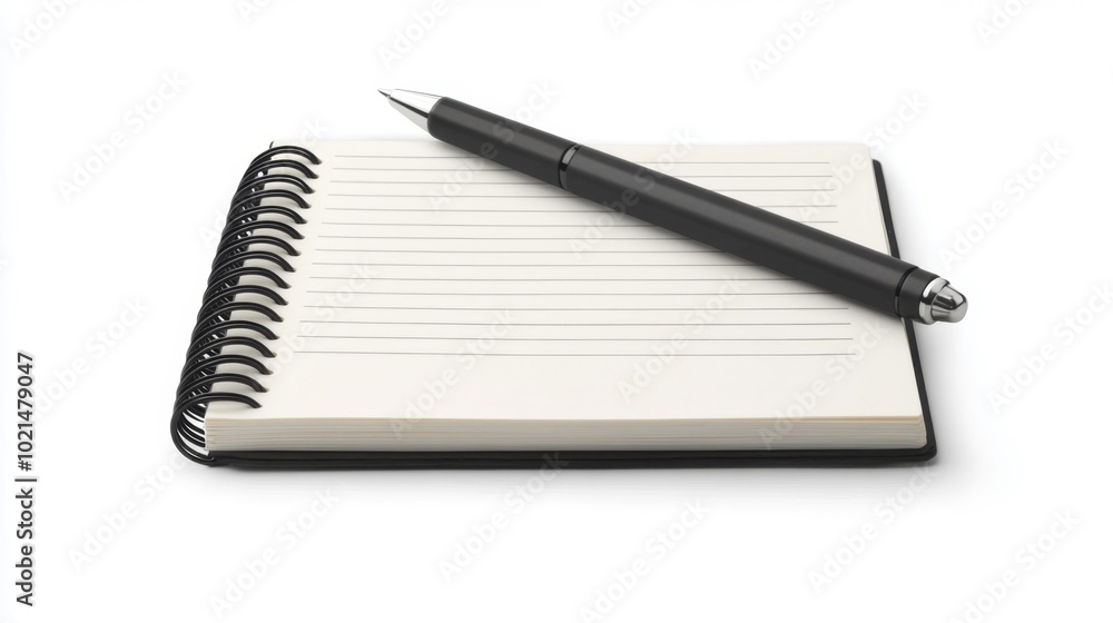 Black pen placed on a spiral-bound notepad on a white background for stationary and writing purposes. Generative AI Black pen placed on a spiral-bound notepad on a white background for stationary and writing purposes. Generative AI