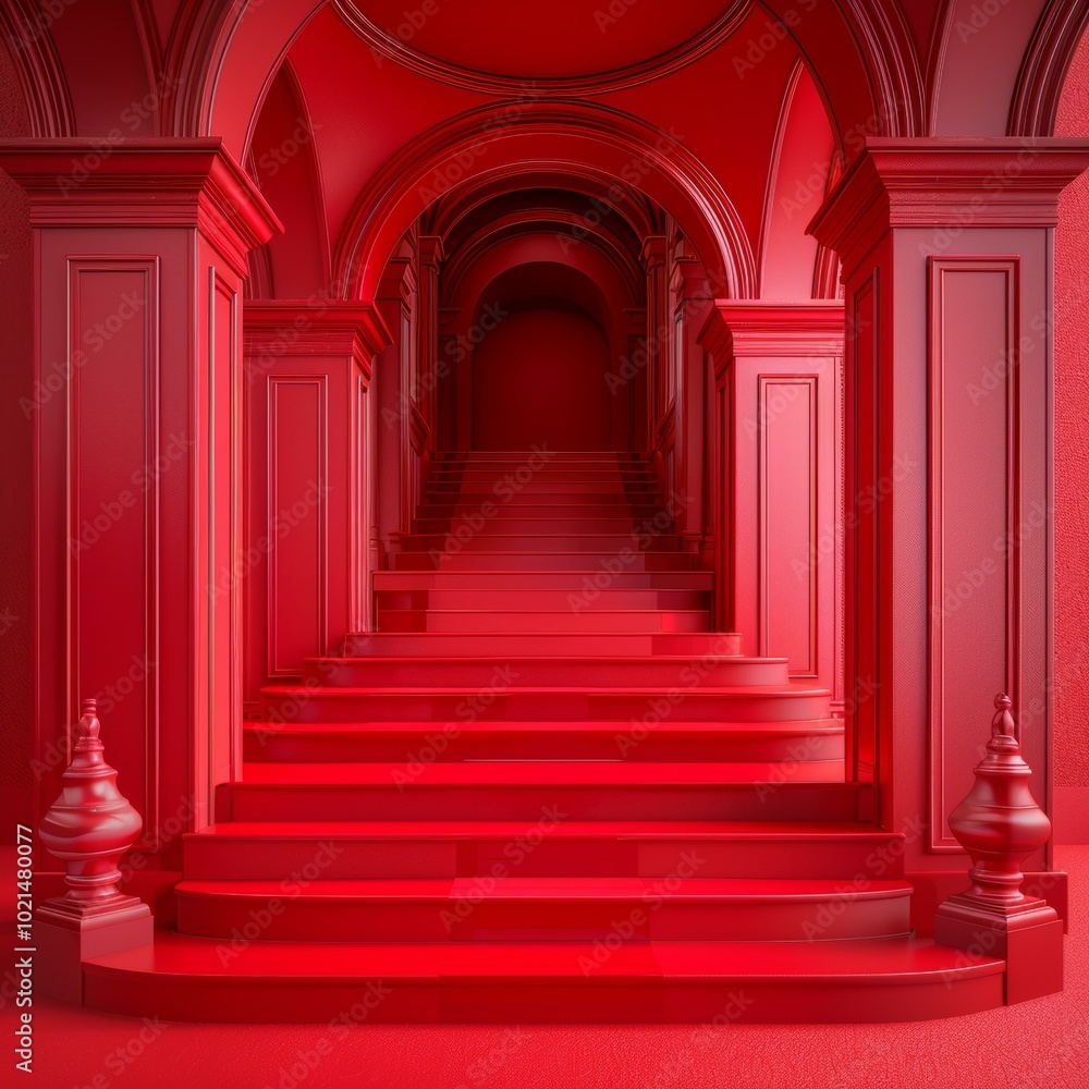 Red Staircase in an Elegant Architectural Setting Red Staircase in an Elegant Architectural Setting