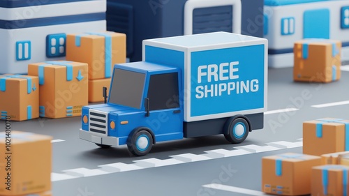 Blue delivery truck with free shipping text, white isolate background photo