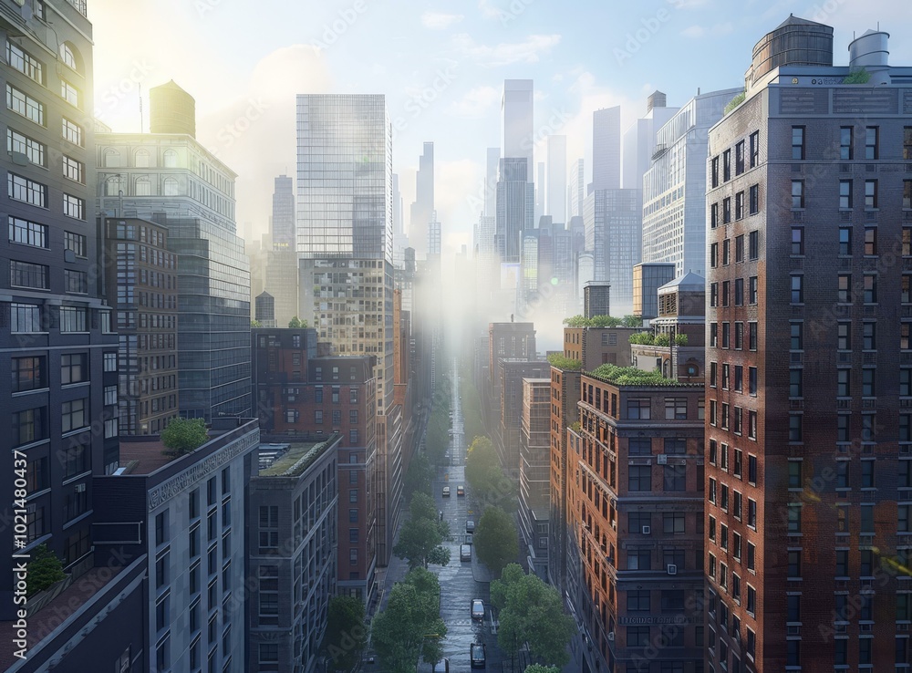 City Skyline with Foggy Morning Light City Skyline with Foggy Morning Light