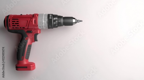 Cordless red power drill with black grip displayed on a white background suitable for construction DIY and power tool-related themes.. Generative AI photo