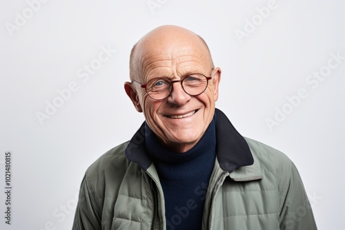 Portrait of a smiling senior man with glasses on a white background