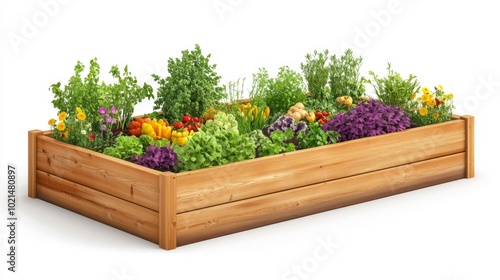 Wooden raised vegetable bed filled with fresh vegetables and herbs isolated on a white background. Gardening concept for stock photography and design projects.. Generative AI