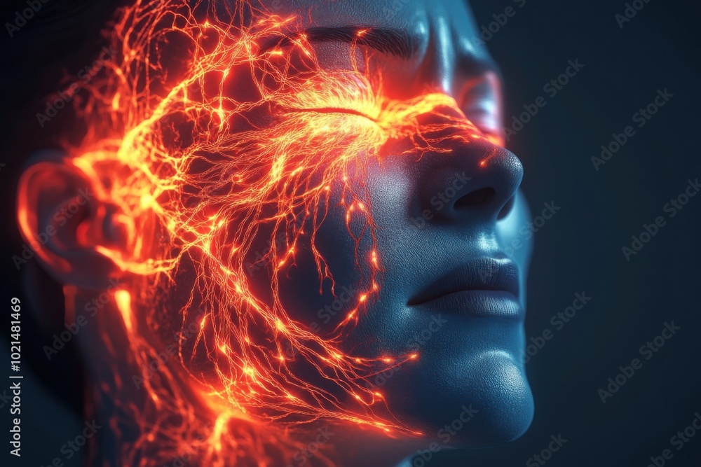 An anatomical illustration of the trigeminal nerve branching across the face, with glowing red areas indicating pain points, highlighting neural pathways associated with facial pain An anatomical illustration of the trigeminal nerve branching across the face, with glowing red areas indicating pain points, highlighting neural pathways associated with facial pain