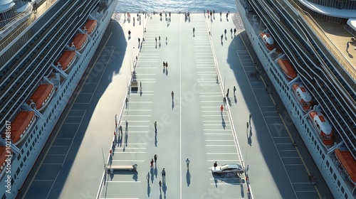 An aerial view of a cruise ship dock with people walking between two docked ships. photo