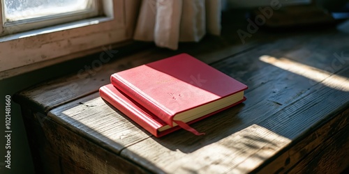 a red soft cover notebook sits on a weathered desk photo