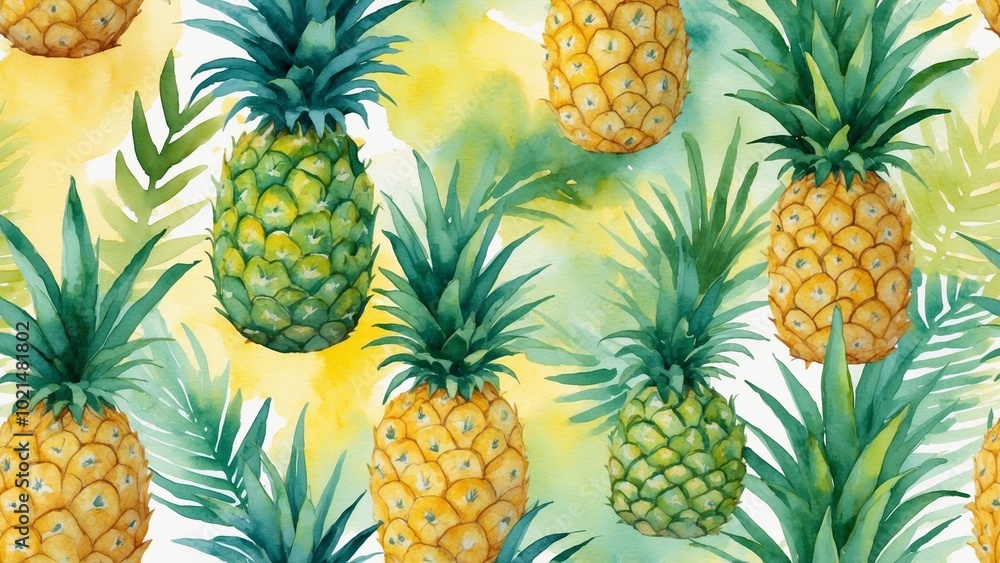 Juicy pineapples in watercolor style with tropical leaves summer fruit pattern Juicy pineapples in watercolor style with tropical leaves summer fruit pattern