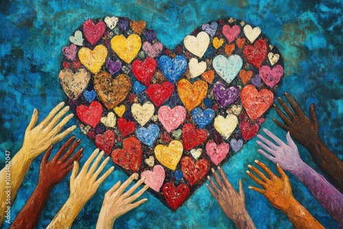 An illustration of a large heart made up of smaller hearts, symbolizing various charitable causes, with hands of different skin tones reaching towards it, representing unity in philanthropy