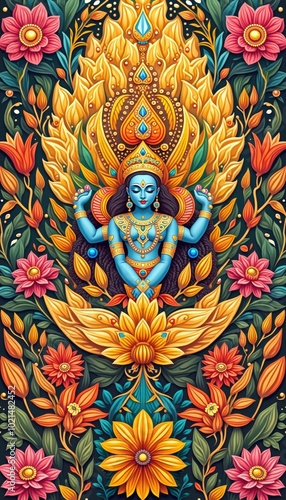 Wallpaper Mural Vibrant illustration of a serene deity surrounded by floral motifs, perfect for spiritual, wellness, and artistic themes. Torontodigital.ca