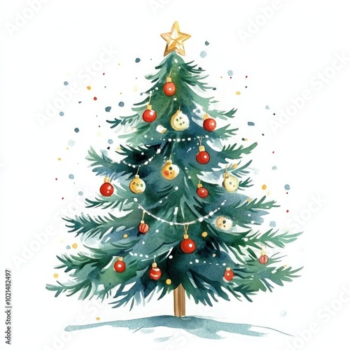 Watercolor Christmas tree decorated with a star, gold and red balls. Hand drawn illustration isolated on white. Template for invitations and card design