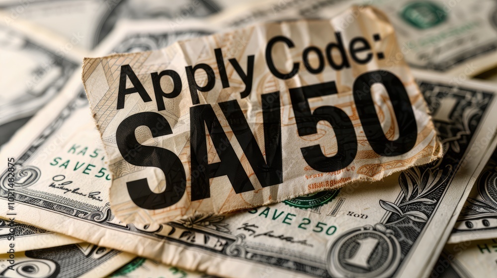 Digital coupon displaying SAV50 code surrounded by dollar bills, representing discounts available Digital coupon displaying SAV50 code surrounded by dollar bills, representing discounts available