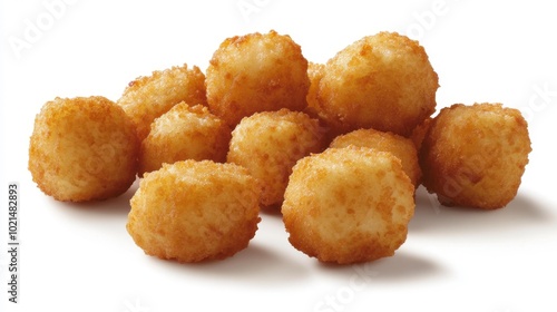 Crispy golden tater tots arranged on a white background ideal for food-related projects such as recipe blogs restaurant menus or snack packaging designs.. Generative AI