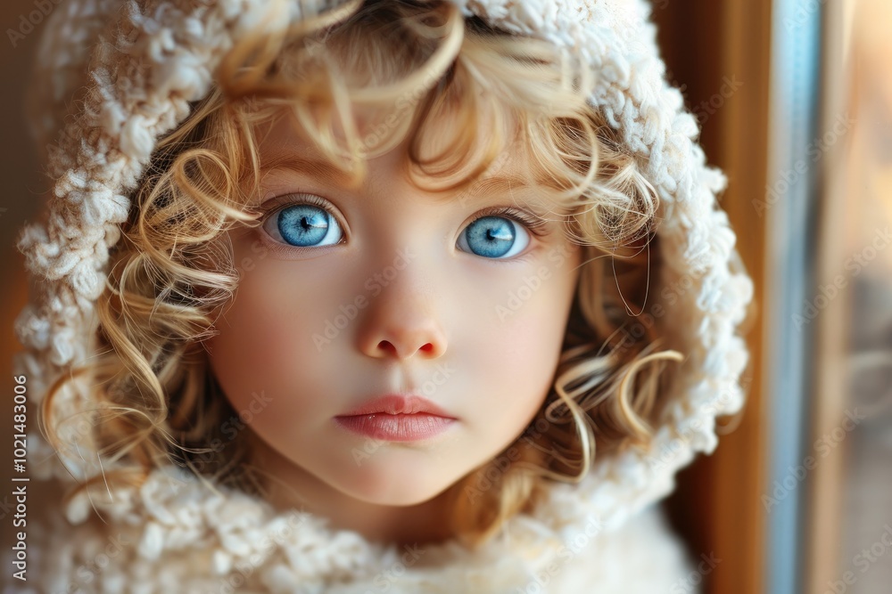 Adorable white toddler with curly hair and blue eyes wearing a cozy hood by the window Adorable white toddler with curly hair and blue eyes wearing a cozy hood by the window