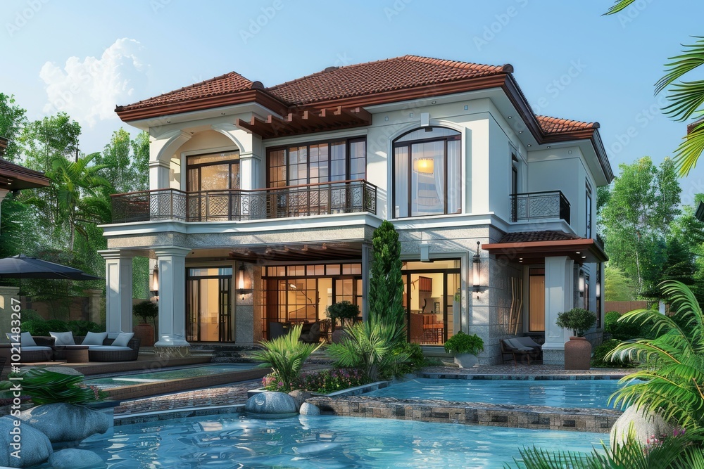Fototapeta premium Luxury Villa Exterior with Swimming Pool