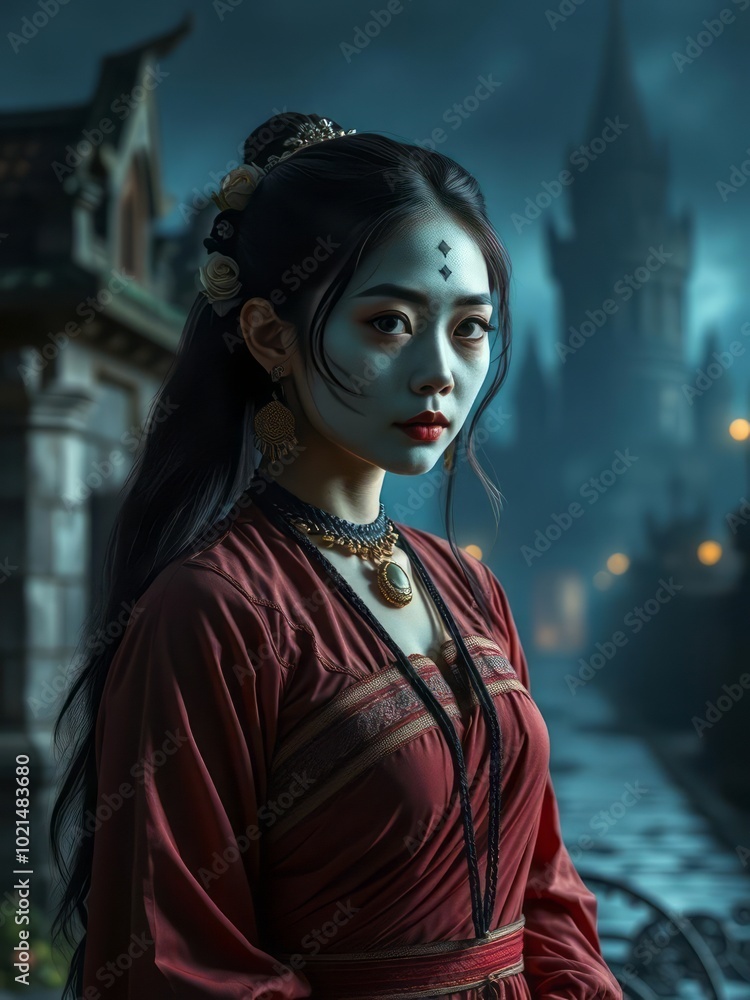 Portrait of asian woman wear ancient thai dress style and makeup ghost face at the old castles at night scenethailand people halloween backdrop Portrait of asian woman wear ancient thai dress style and makeup ghost face at the old castles at night scenethailand people halloween backdrop