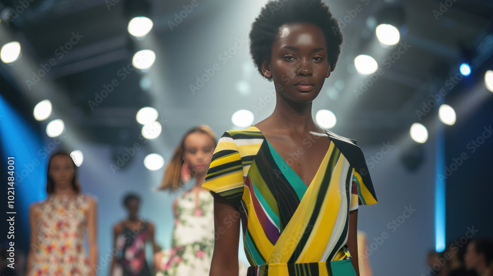 Naklejka premium Models showcasing eco-friendly luxury fashion on a runway, with sleek lighting emphasizing sustainable fabrics and modern cuts