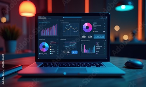 A modern laptop displaying colorful business analytics and charts in a stylish, dimly lit workspace. Perfect for illustrating data analysis, finance, and technology themes.