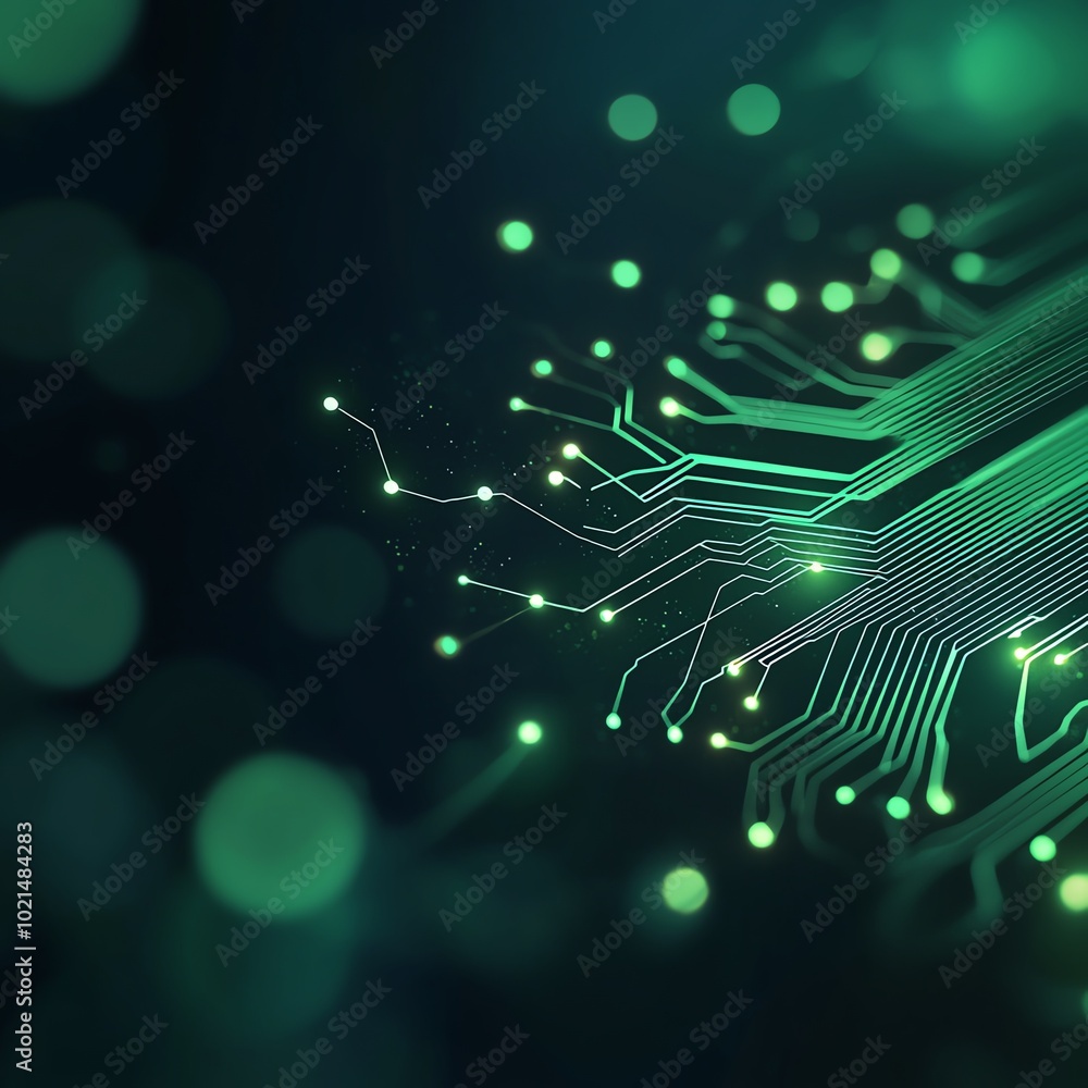 Abstract digital circuit board design with glowing green lines and bokeh effects on a dark background. Abstract digital circuit board design with glowing green lines and bokeh effects on a dark background.