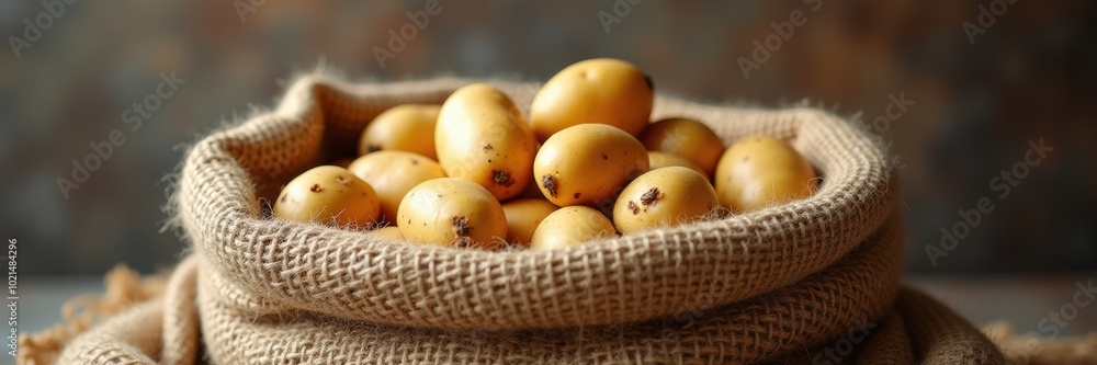 Fresh, ripe yellow fruits in a burlap sack, showcasing natural produce and rustic charm. Perfect for food marketing, agriculture, or healthy lifestyle projects. Fresh, ripe yellow fruits in a burlap sack, showcasing natural produce and rustic charm. Perfect for food marketing, agriculture, or healthy lifestyle projects.