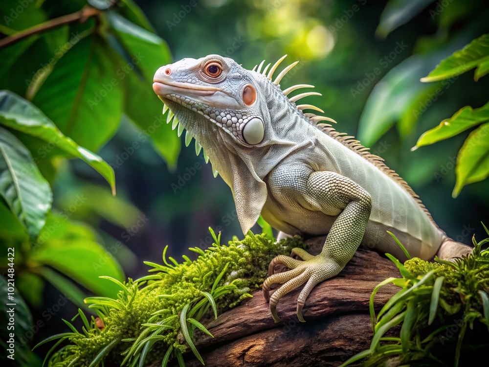 Fototapeta premium Majestic White Iguana Posing on a Branch Surrounded by Lush Green Foliage in Natural Habitat