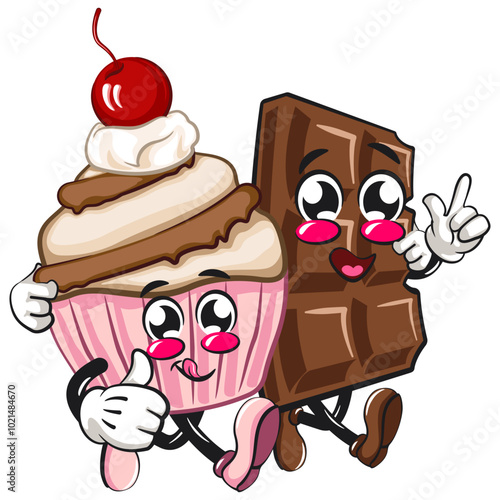 kawaii cartoon cupcake with cherry on top character mascot isolated vector illustration with a chocolate bar character while giving thumbs up, work of hand drawn