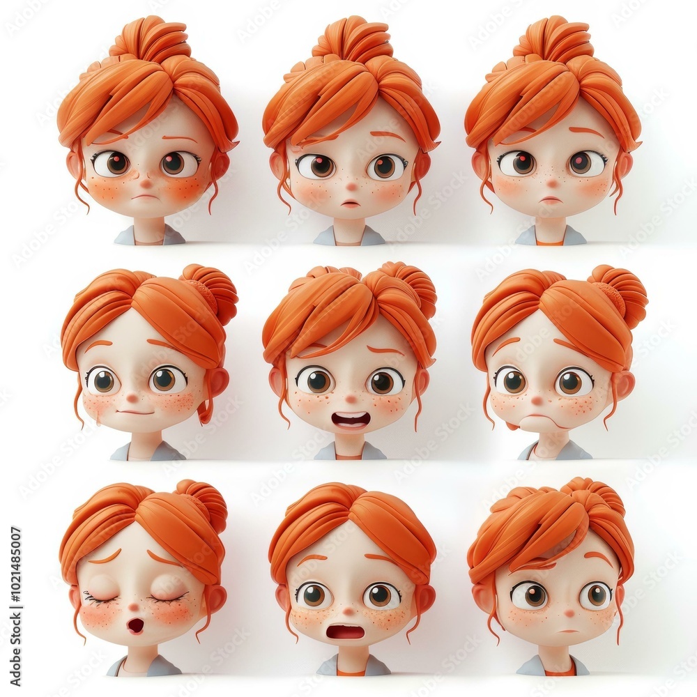 3D Cartoon Character Orange Hair Girl Different Expressions 3D Cartoon Character Orange Hair Girl Different Expressions