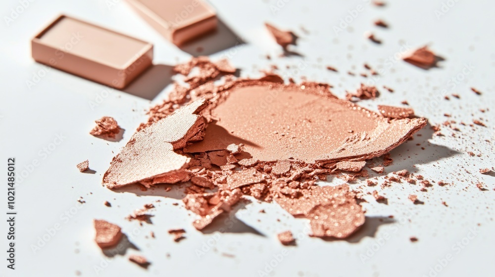 A broken makeup item, scattered on a white surface. A broken makeup item, scattered on a white surface.