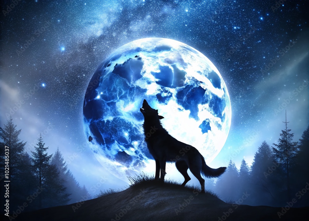 Majestic Wolf Silhouette Howling at the Full Moon in a Night Sky with Stars and Mystical Atmosphere Majestic Wolf Silhouette Howling at the Full Moon in a Night Sky with Stars and Mystical Atmosphere