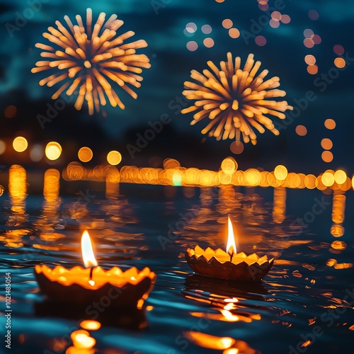 Candles float on water with vibrant fireworks illuminating the night sky, creating a magical festive atmosphere.