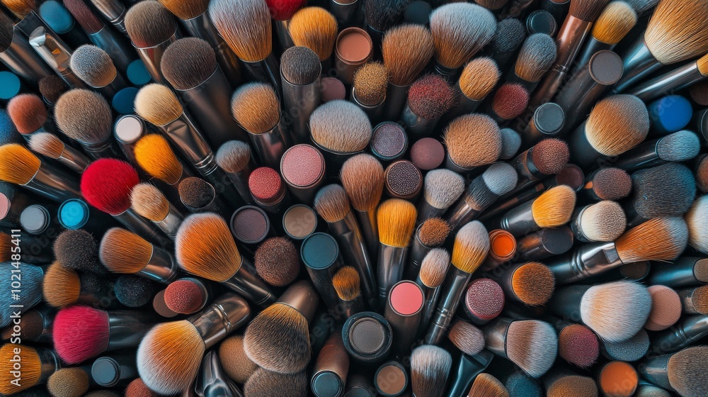 A bunch of makeup brushes are grouped tightly together, filling the frame. A bunch of makeup brushes are grouped tightly together, filling the frame.