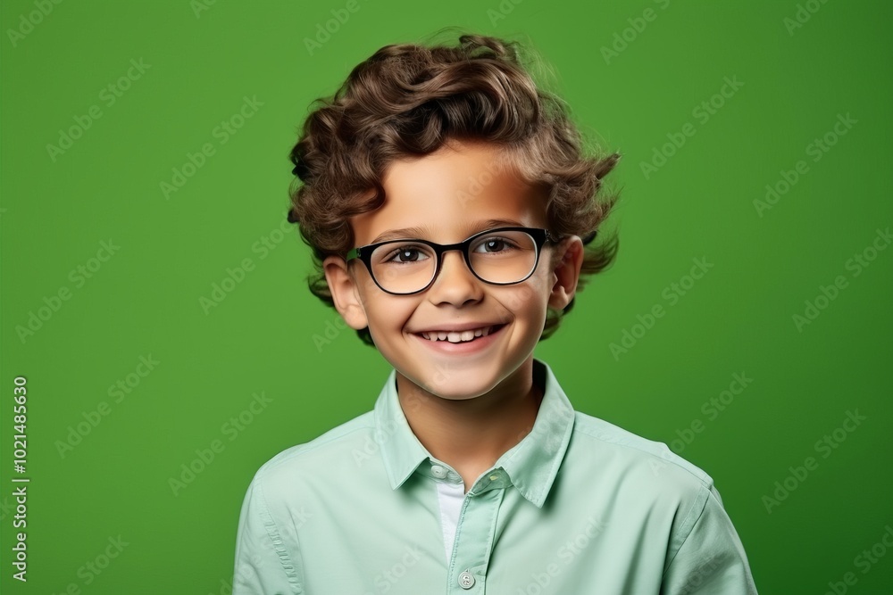Portrait of a smiling little boy in eyeglasses over green background Portrait of a smiling little boy in eyeglasses over green background