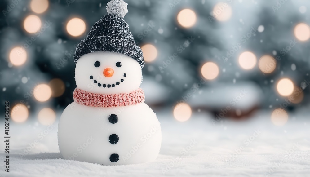 A cheerful snowman wearing a hat and scarf stands in a snowy landscape, with softly glowing lights in the background, evoking a festive winter spirit. A cheerful snowman wearing a hat and scarf stands in a snowy landscape, with softly glowing lights in the background, evoking a festive winter spirit.
