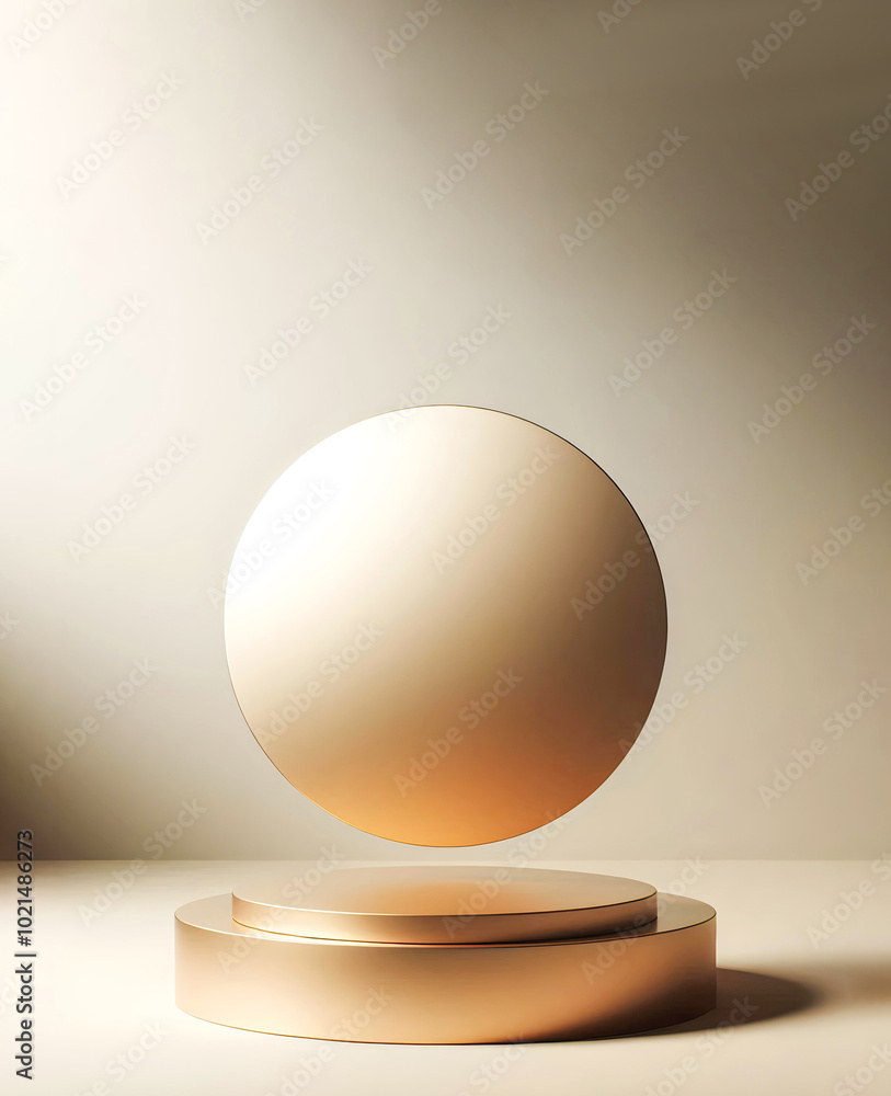 Two round soft golden podiums forming a cylinder on soft and diffused pink background. Perfect platform for showing your products. Realistic 3D Rendered. Two round soft golden podiums forming a cylinder on soft and diffused pink background. Perfect platform for showing your products. Realistic 3D Rendered.