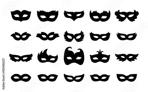 Simple black icons of masquerade masks, for party, parade and carnival, for Mardi Gras and Halloween. Set of carnival masks silhouettes. Mask elements can be used as isolated sign, symbol or icon.
