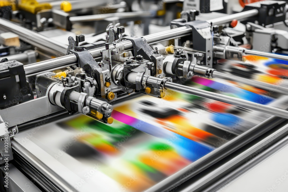 High speed color printing process in a modern industrial press machine High speed color printing process in a modern industrial press machine
